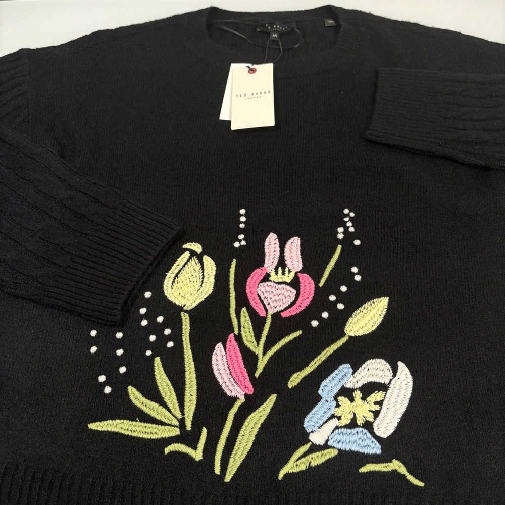 Ted Baker Women M Black Floral Embroidered Sweater NEW Cable Knit Pullover